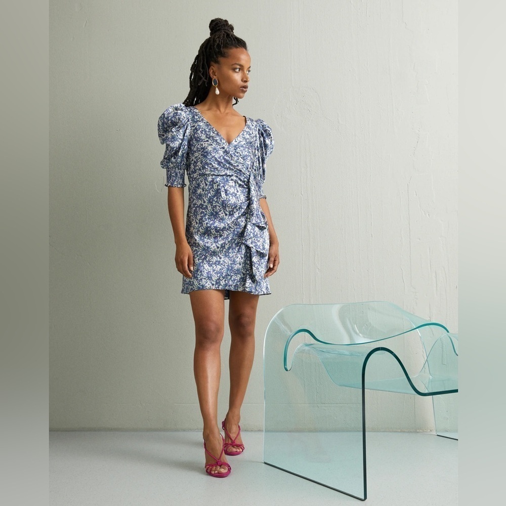 NWT Cinq a Sept Lucinda Floral Ruffle Mini Dress Puff Sleeve Blue Size 0 - Picture 8 of 8